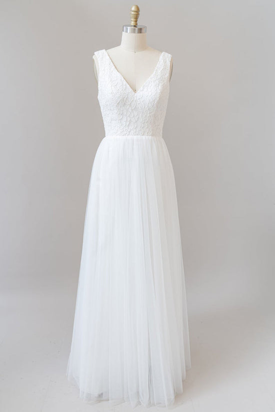 Long A-line Straps V-neck Chiffon Open Back Wedding Dress-BIZTUNNEL