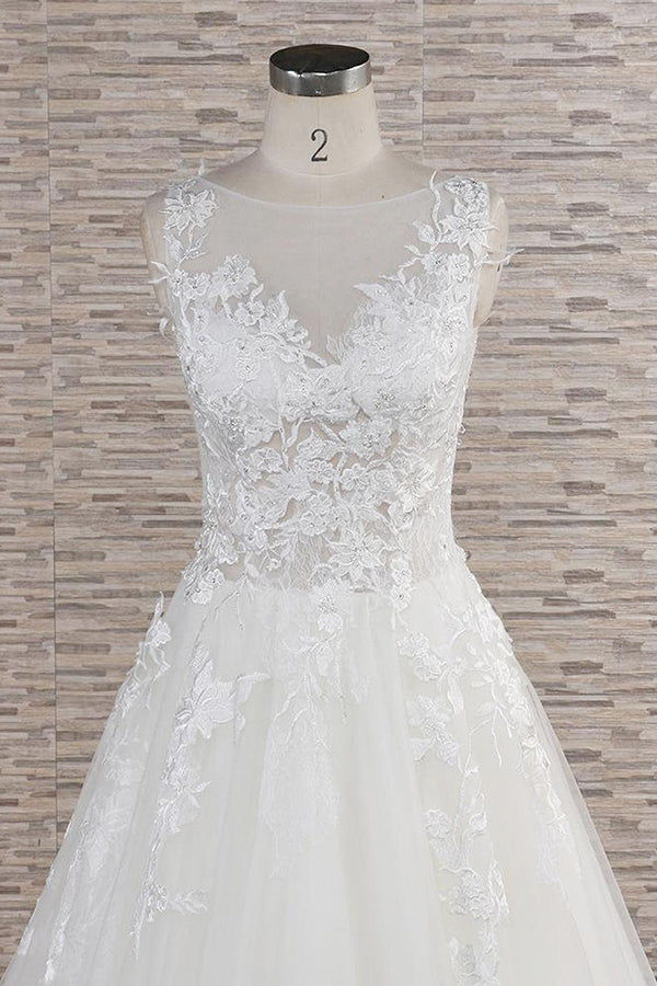 Long A-line Sweetheart Applqiues Lace Tulle Wedding Dress-BIZTUNNEL