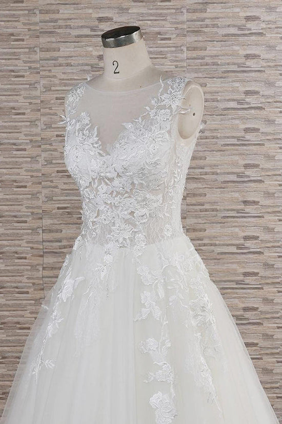 Long A-line Sweetheart Applqiues Lace Tulle Wedding Dress-BIZTUNNEL