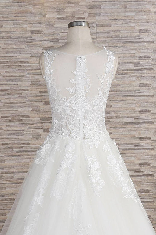 Long A-line Sweetheart Applqiues Lace Tulle Wedding Dress-BIZTUNNEL