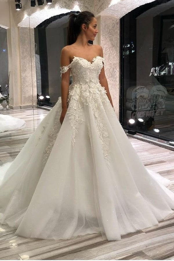 Long A-Line Sweetheart Off-the-Shoulder Appliques Lace Tulle Wedding Dress-BIZTUNNEL