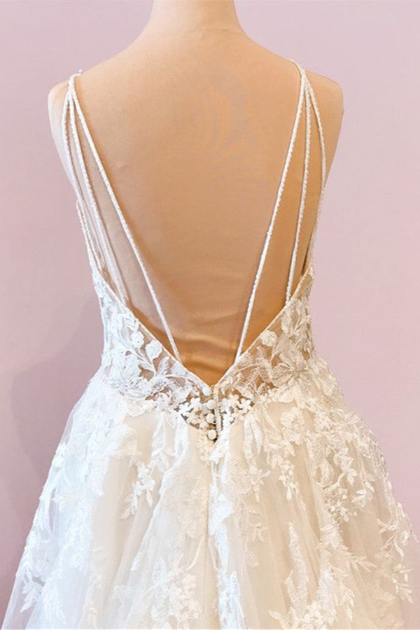 Long A-Line Sweetheart Spaghetti Straps Tulle Wedding Dress-BIZTUNNEL