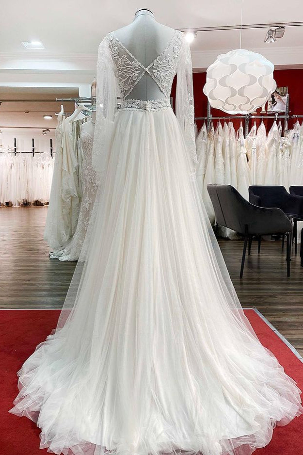 Long A-line Sweetheart Tulle Beadings Lace Appliques Wedding Dresses With Sleeves-BIZTUNNEL