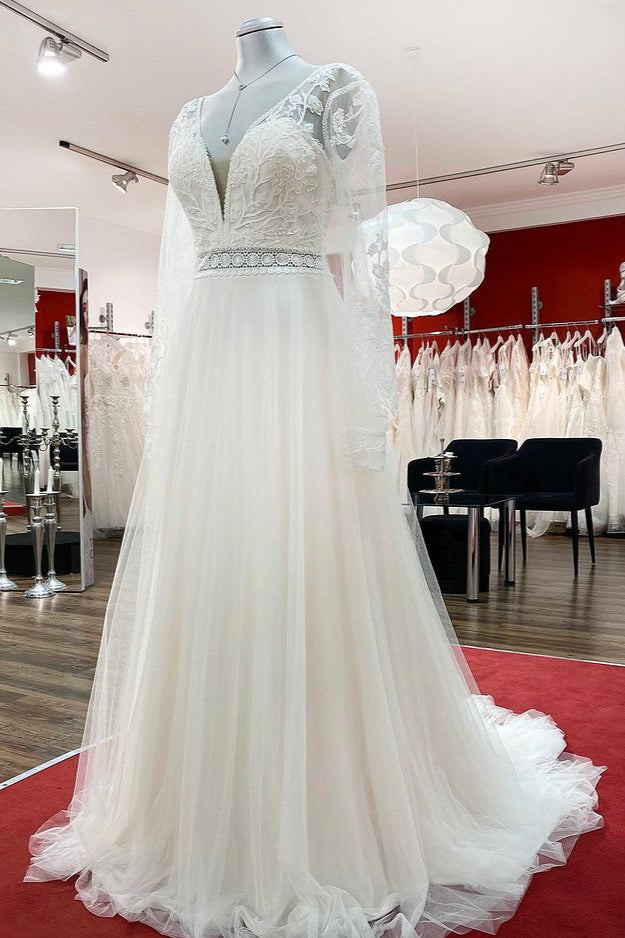 Long A-line Sweetheart Tulle Beadings Lace Appliques Wedding Dresses With Sleeves-BIZTUNNEL