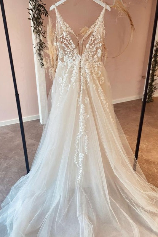 Long A-Line Tulle Appliques Lace Spaghetti Straps V-neck Backless Wedding Dress-BIZTUNNEL