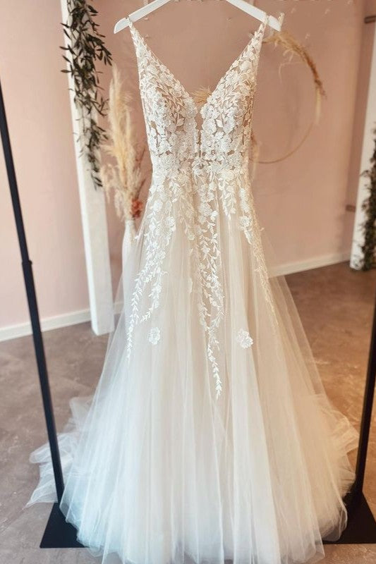 Long A-Line Tulle Appliques Lace Spaghetti Straps V-neck Backless Wedding Dress-BIZTUNNEL