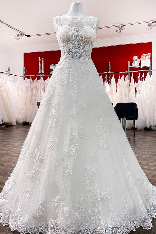 Long A-line Tulle Jewel Lace Appliques Wedding Dresses-BIZTUNNEL