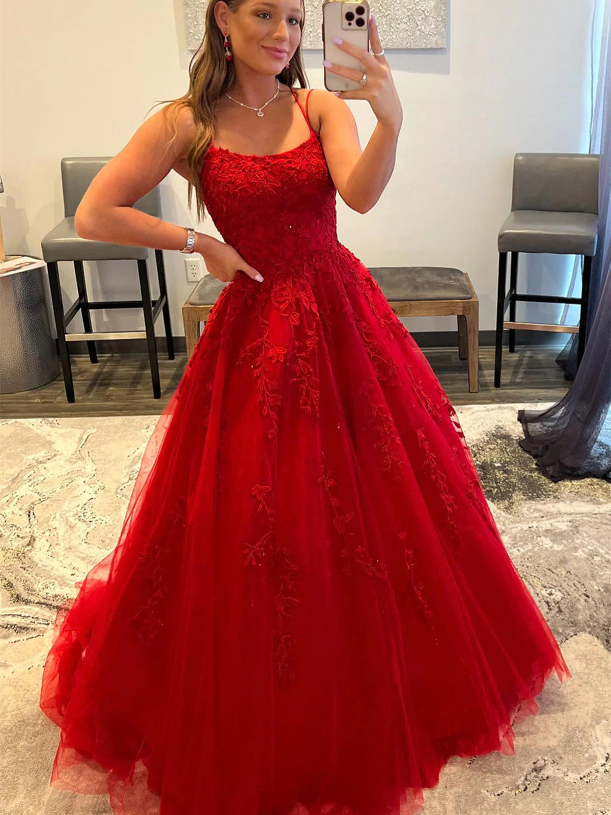 Long A-line Tulle Lace Backless Prom Dresses Red Formal Evening Dresse ...