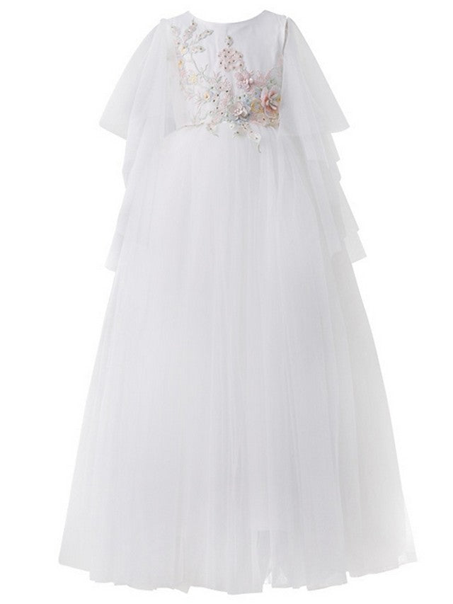 Long A-Line Tulle Short Sleeve Jewel Neck Pageant Flower Girl Dresses-BIZTUNNEL