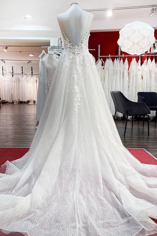 Long A-line Tulle Sleevless Ruffles Jewel Wedding Dress With Lace Appliques-BIZTUNNEL