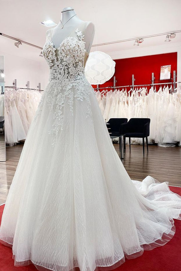 Long A-line Tulle Sleevless Ruffles Jewel Wedding Dress With Lace Appliques-BIZTUNNEL