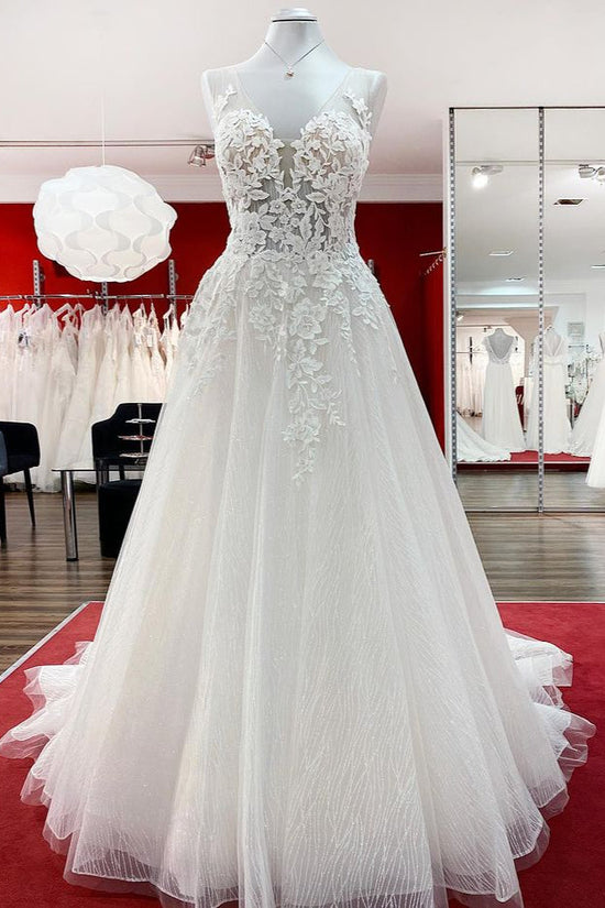 Long A-line Tulle Sleevless Ruffles Jewel Wedding Dress With Lace Appliques-BIZTUNNEL