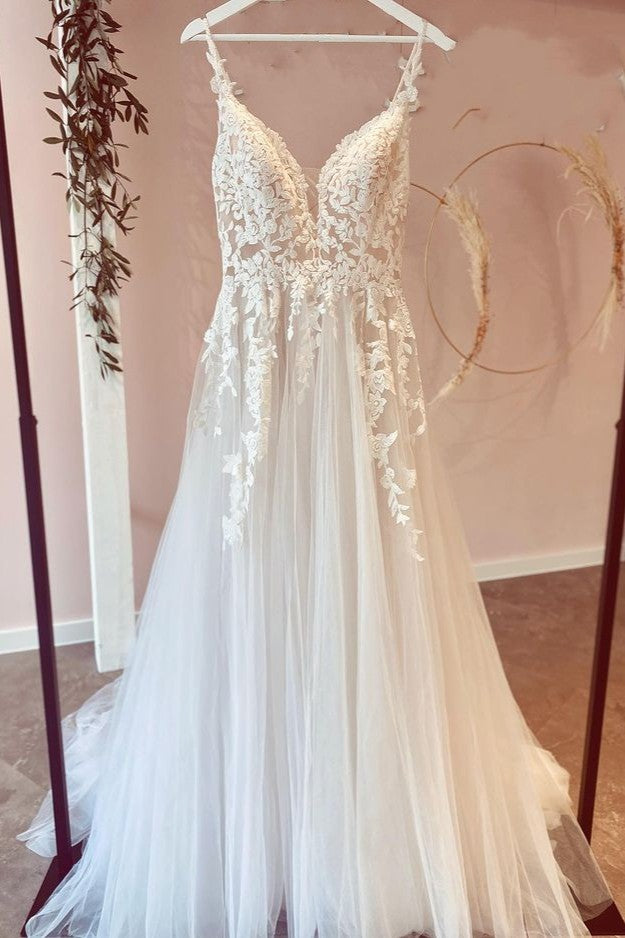 Long A-Line Tulle Sweetheart Appliques Lace Wedding Dress-BIZTUNNEL