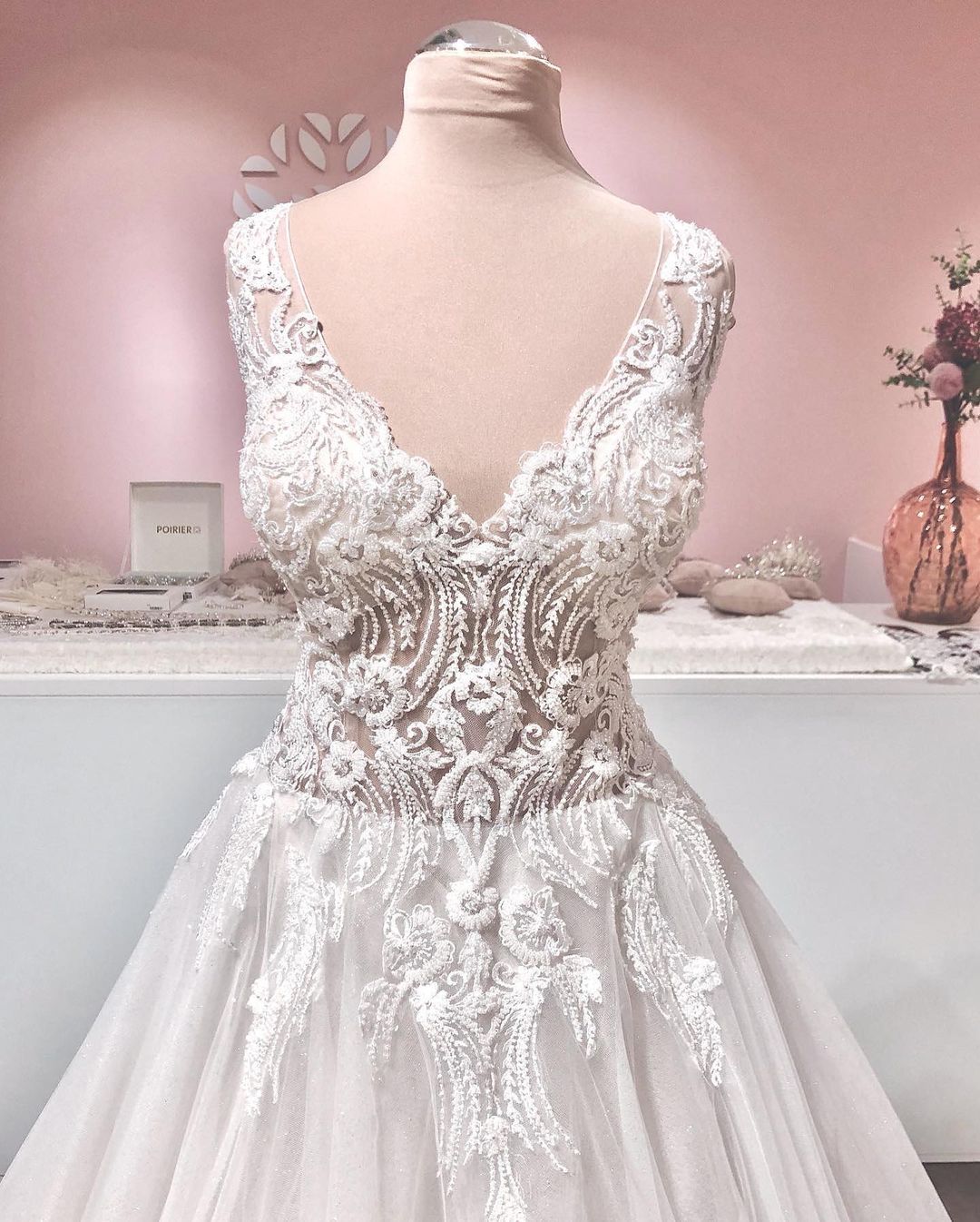 Long A-line V-neck Appliques Lace Backless Tulle Ruffles Wedding Dress-BIZTUNNEL