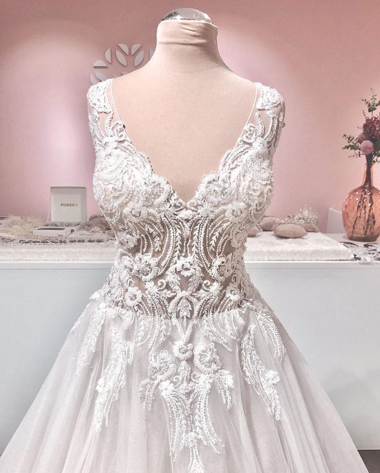 Long A-line V-neck Appliques Lace Backless Tulle Ruffles Wedding Dress-BIZTUNNEL