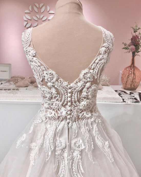 Long A-line V-neck Appliques Lace Backless Tulle Ruffles Wedding Dress-BIZTUNNEL