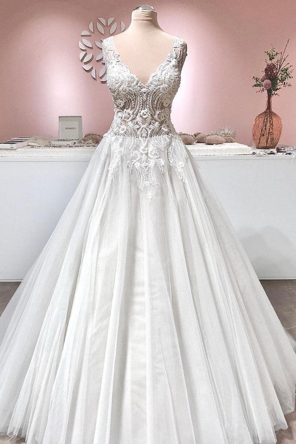 Long A-line V-neck Appliques Lace Backless Tulle Ruffles Wedding Dress-BIZTUNNEL