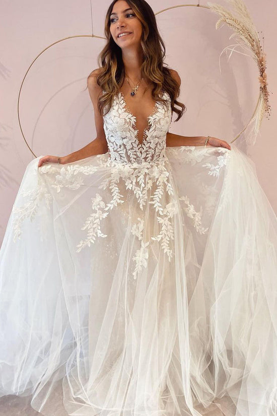 Long A-Line V-neck Appliques Lace Tulle Backless Wedding Dress-BIZTUNNEL