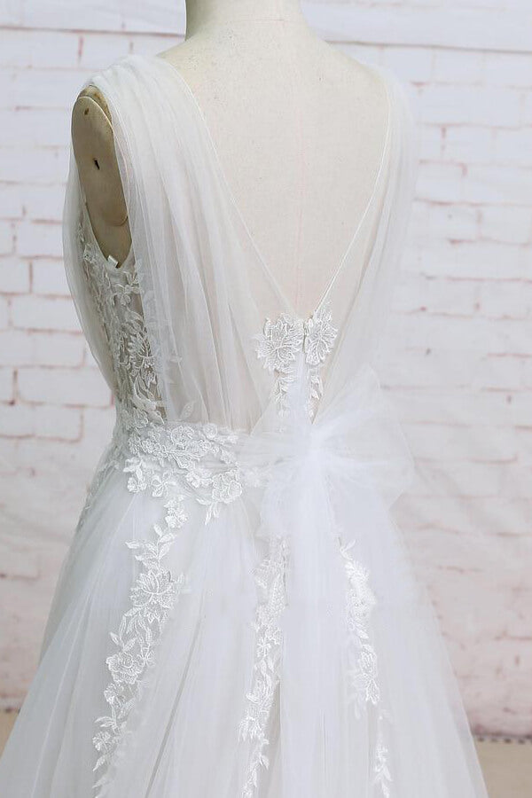 Long A-line V-neck Appliques Lace Tulle Wedding Dress-BIZTUNNEL