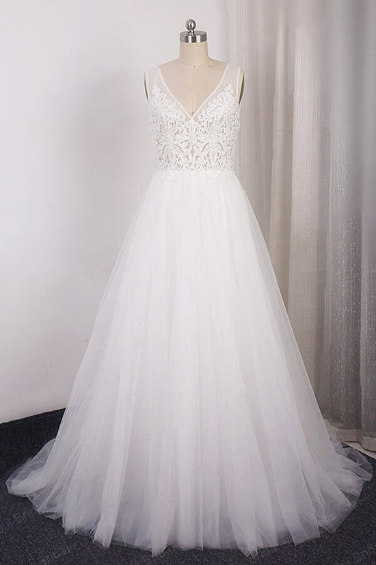 Long A-line V-neck Appliques Lace Tulle Wedding Dress-BIZTUNNEL