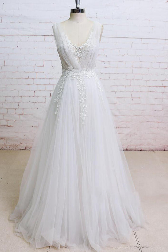 Long A-line V-neck Appliques Lace Tulle Wedding Dress-BIZTUNNEL