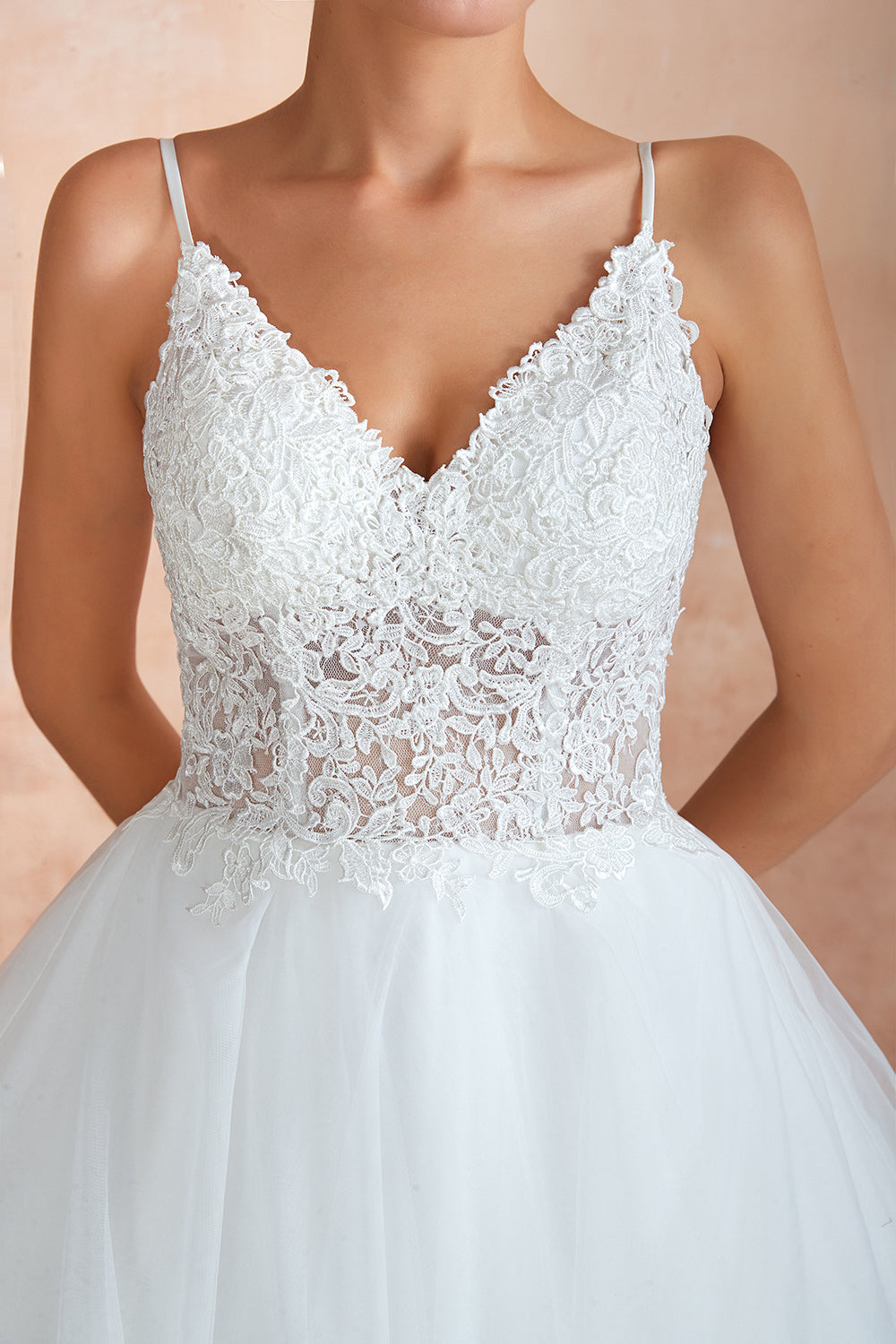 Long A-line V-neck Appliques Tulle Wedding Dress-BIZTUNNEL