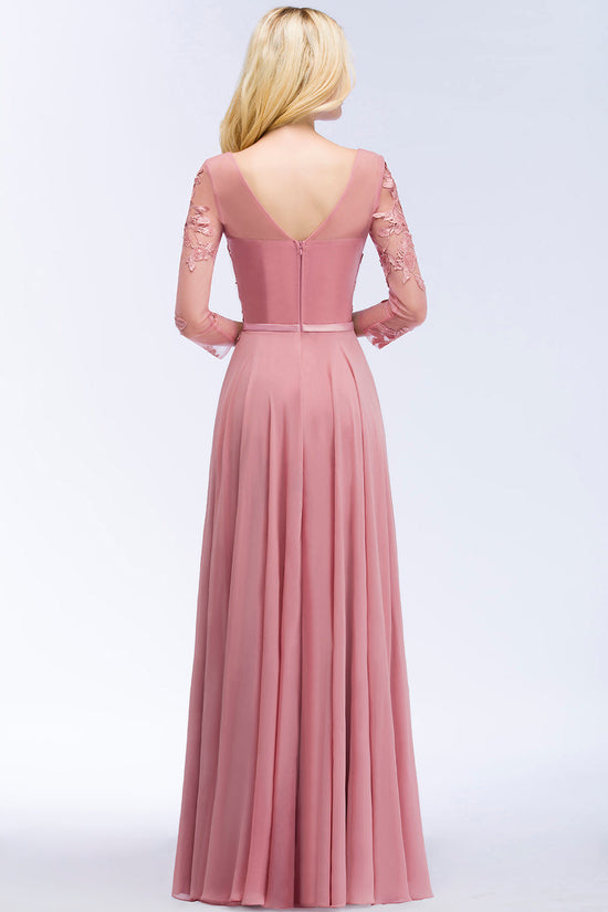 Long A-line V-Neck Chiffon Appliques Lace Bridesmaid Dresses with Sleeves-BIZTUNNEL