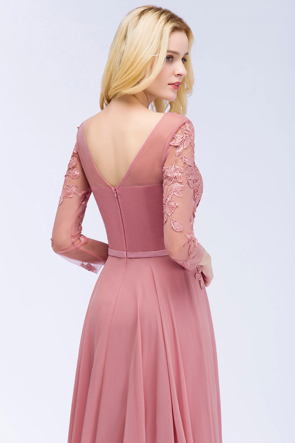 Long A-line V-Neck Chiffon Appliques Lace Bridesmaid Dresses with Sleeves-BIZTUNNEL