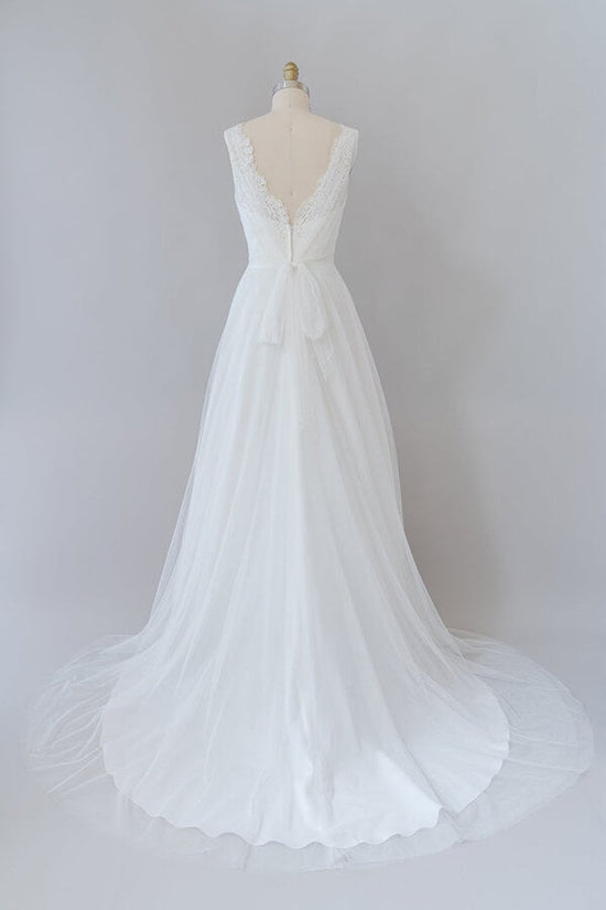 Long A-line V-neck Lace Tulle Backless Wedding Dress – BIZTUNNEL