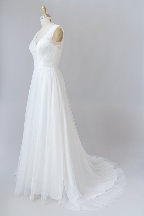 Long A-line V-neck Lace Tulle Backless Wedding Dress – BIZTUNNEL
