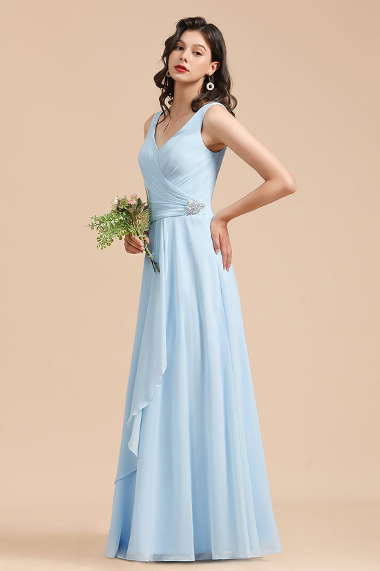 Long A-line V-neck Ruffles Straps Beads Sky Blue Bridesmaid Dress-BIZTUNNEL