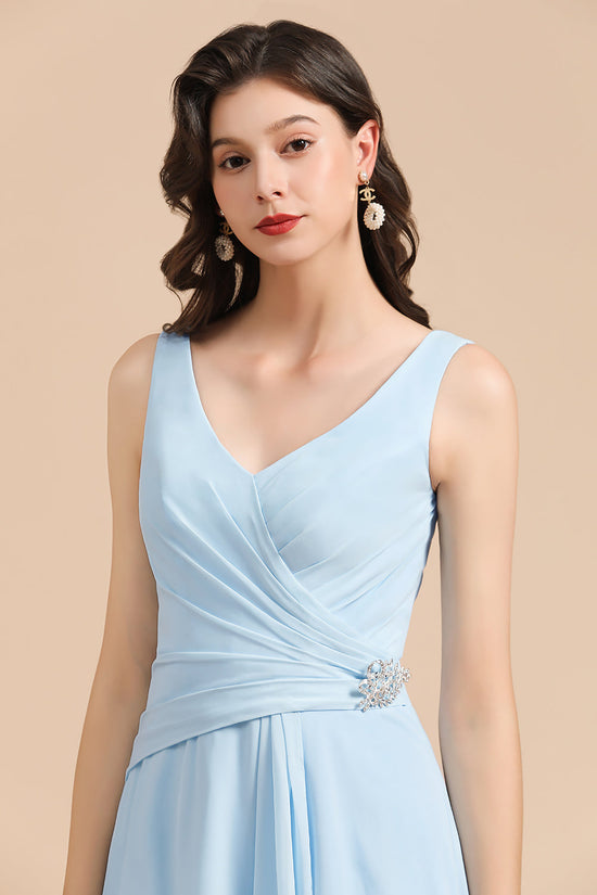 Long A-line V-neck Ruffles Straps Beads Sky Blue Bridesmaid Dress-BIZTUNNEL