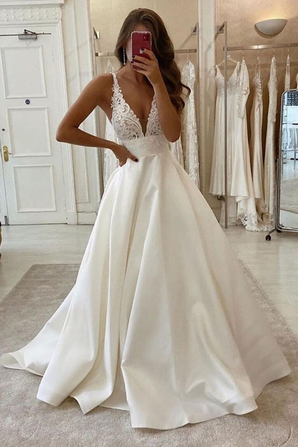 Long A-Line V-neck Spaghetti Straps Backless Wedding Dress With Pockets-BIZTUNNEL