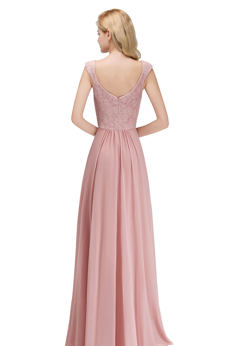 Long A-line V-neck Sweetheart Sleeveless Lace Chiffon Bridesmaid Dresses-BIZTUNNEL