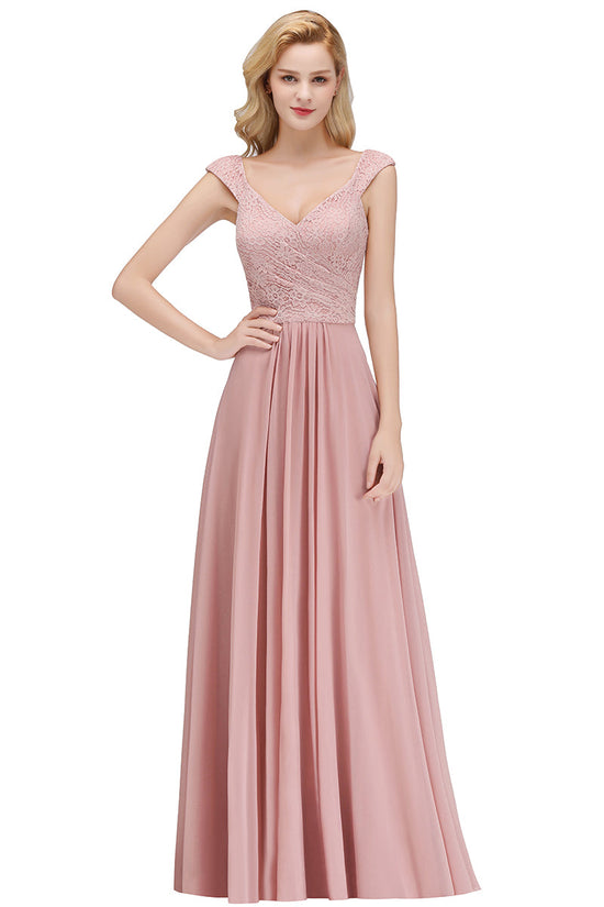 Long A-line V-neck Sweetheart Sleeveless Lace Chiffon Bridesmaid Dresses-BIZTUNNEL