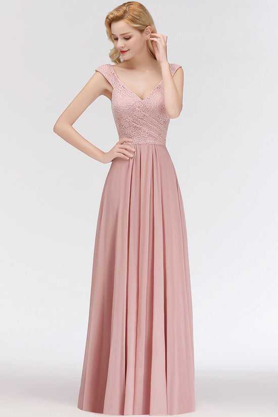 Long A-line V-neck Sweetheart Sleeveless Lace Chiffon Bridesmaid Dresses-BIZTUNNEL