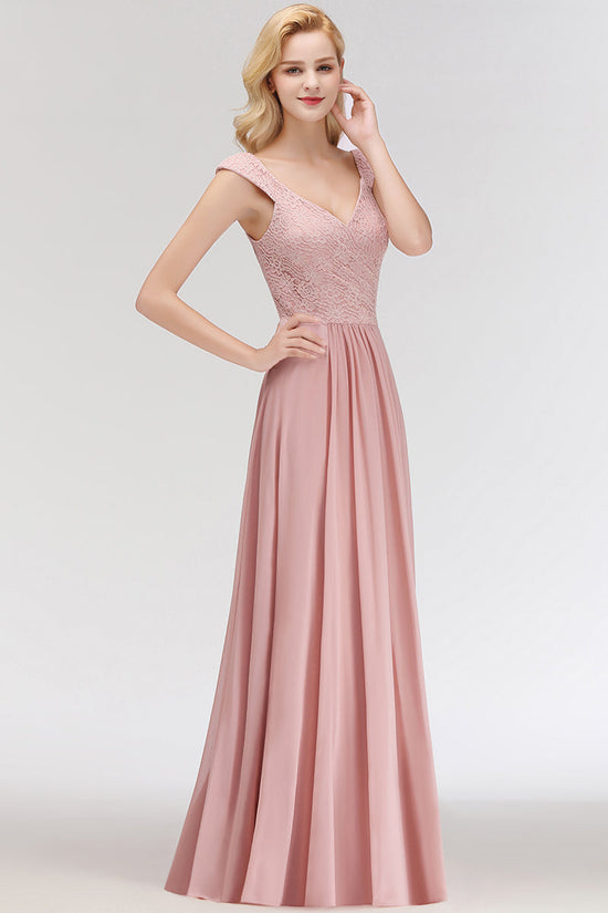 Long A-line V-neck Sweetheart Sleeveless Lace Chiffon Bridesmaid Dresses-BIZTUNNEL