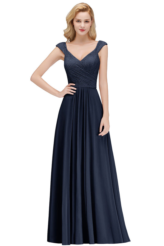 Long A-line V-neck Sweetheart Sleeveless Lace Chiffon Bridesmaid Dresses-BIZTUNNEL