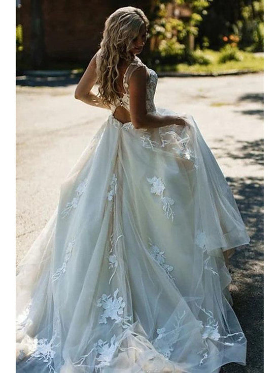 Long A-Line V Neck Tulle Spaghetti Strap Backless Wedding Dresses-BIZTUNNEL