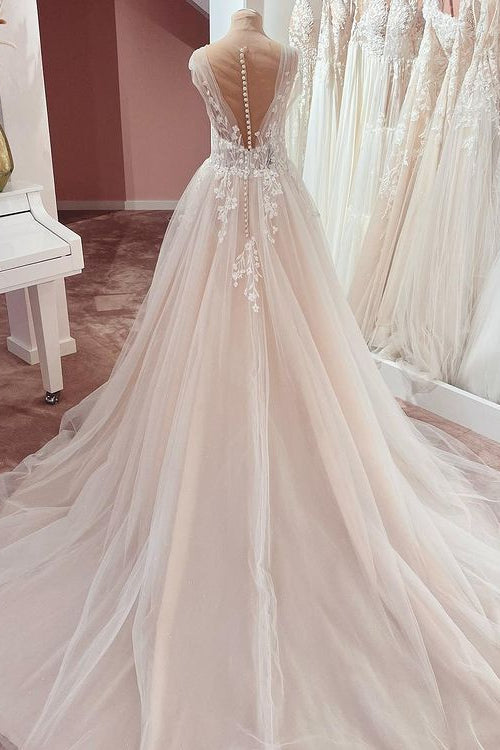 Long A-Line V-neck Wide Straps Appliques Lace Tulle Wedding Dress-BIZTUNNEL