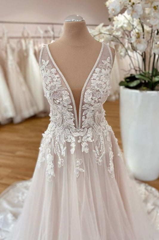 Long A-Line Wide Straps Tulle Floral Lace Wedding Dress-BIZTUNNEL