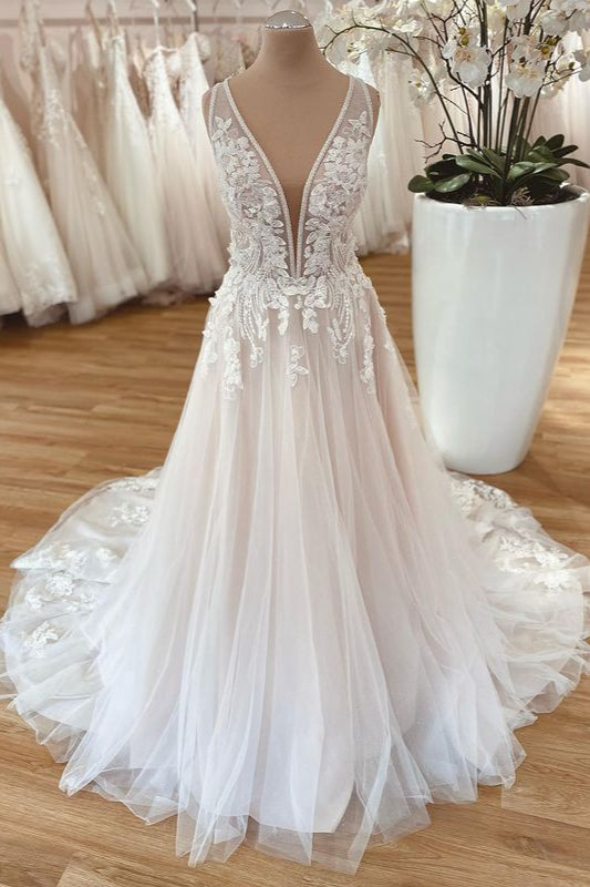 Long A-Line Wide Straps Tulle Floral Lace Wedding Dress-BIZTUNNEL