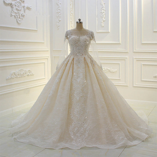 Long Ball Gown Beading Bateau Appliques Lace Wedding Dress with Sleeves-BIZTUNNEL