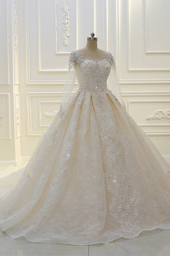 Long Ball Gown Beading Bateau Appliques Lace Wedding Dress with Sleeves-BIZTUNNEL