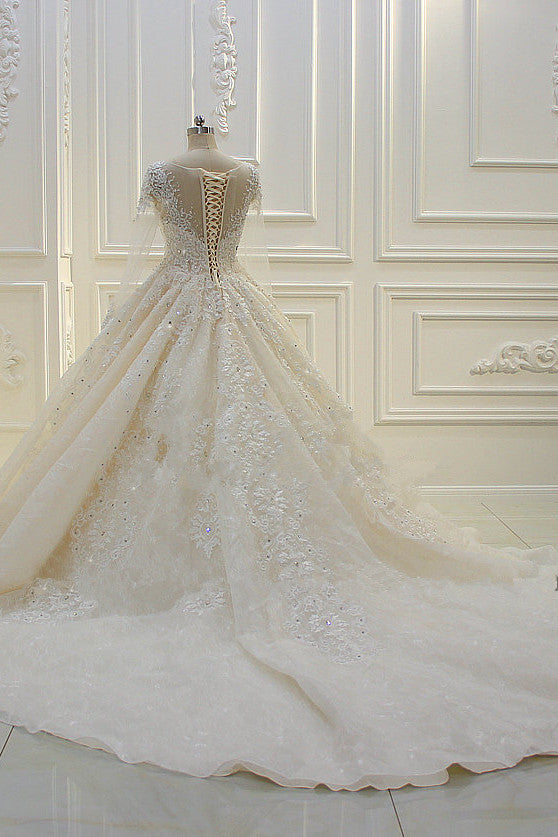 Long Ball Gown Beading Bateau Appliques Lace Wedding Dress with Sleeves-BIZTUNNEL