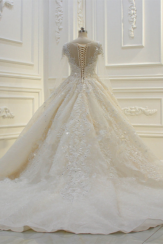 Long Ball Gown Beading Bateau Appliques Lace Wedding Dress with Sleeves-BIZTUNNEL