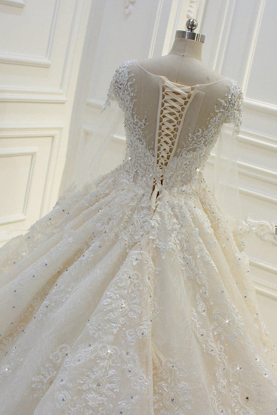 Long Ball Gown Beading Bateau Appliques Lace Wedding Dress with Sleeves-BIZTUNNEL