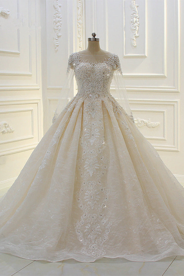 Long Ball Gown Beading Bateau Appliques Lace Wedding Dress with Sleeves-BIZTUNNEL