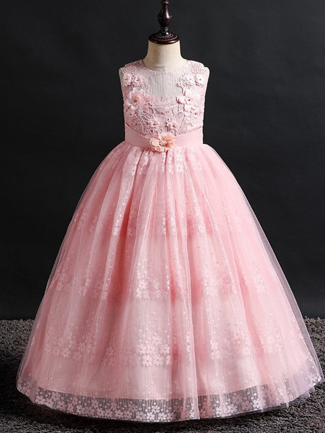 Long Ball Gown Lace Tulle Jewel Neck Wedding Party Flower Girl Dresses-BIZTUNNEL