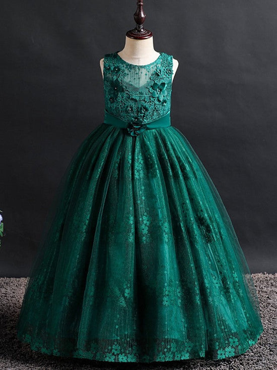 Long Ball Gown Lace Tulle Jewel Neck Wedding Party Flower Girl Dresses-BIZTUNNEL